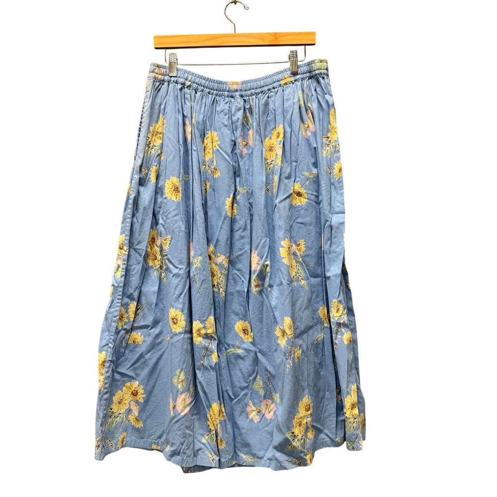 Orvis Midi Skirt Womens 14 Floral Blue Boho Cottage Core + Pockets Elastic Waist - Picture 3 of 9